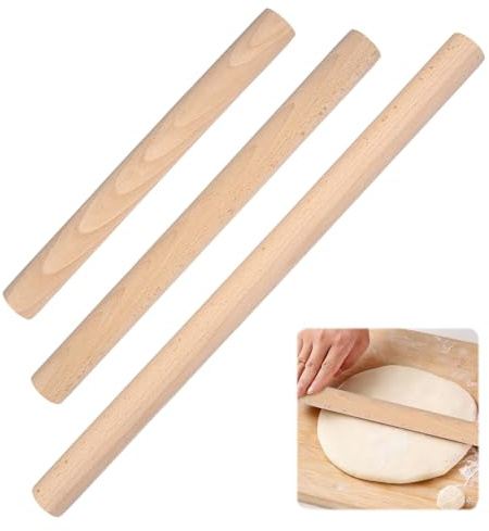 3 Piezas Rodillo de Madera de Haya, 25cm/30cm/45cm Rodillo Cocina Amasar, Rolling Pin, Rodillos Reposteria de Madera Sin Asas Perfecto para Masa, Pizza, Galletas, Fondant y Pan Casero
