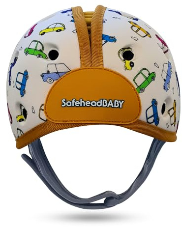 SafeheadBABY prisbelönt spädbarnssäkerhetshjälm babyhjälm för krypande promenader ultralätt huvudskydd för baby, expanderbart och andningsbart huvudskydd för småbarn – bilar orange