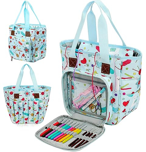 JOZEA Tasche für Wolle, Tasche Stricken, Häkeln Taschen für Unvollendete Projekte, Häkelnadeln und Anderes Zubehör (Kein Zubehör Enthalten) (hellblau)