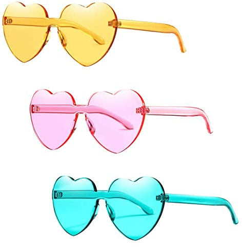Udewo 3 gafas de sol en forma de corazón, gafas de sol sin marco, color caramelo, gafas de sol sin montura para fiestas de playa, para adultos y niños