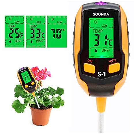 Medidor de humedad 4 en 1, medidor de pH, kit de prueba digital de suelo pH temperatura del suelo luz solar prueba de acidez de humedad para jardín, granja, césped, plantas de interior al aire libre