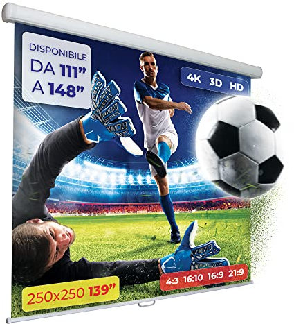 GAINUP Schermo Proiettore Manuale | 250x250cm (139 Pollici) 250cm | Formato 4:3 16:9 16:10 - Telo Bianco con Retro Nero - Telo Proiezione a Molla 2 Metri e Mezzo - Videoproiezione 2,5mt 3D Full HD 4K