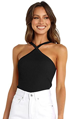 BKEPDY Camiseta Tirantes Mujer Cuello Halter Tank Top Camisola Verano sin Mangas Blusa Elegante Ropa Deportiva Tops Acanalados Diseño Cruzado Estilo Moderno