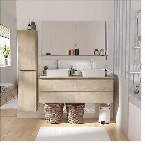 MOB-IN - Juego de mueble doble lavabo, color negro carbón, 120 cm + 2 lavabos + 2 espejos + 2 grifos + columna Sorrento