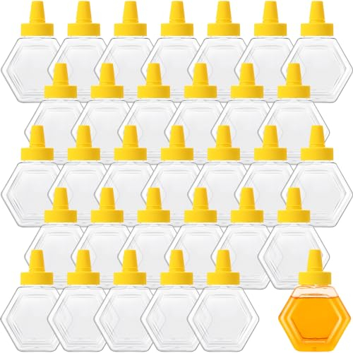 Ziliny 32 Pcs 7 oz Honey Squeeze Bottle Plastic Empty Beehive Bottle Jar with Spout Lid Clear Refillable Honey Containers for Condiment Storing and Dispensing Dispenser (Hexagon)