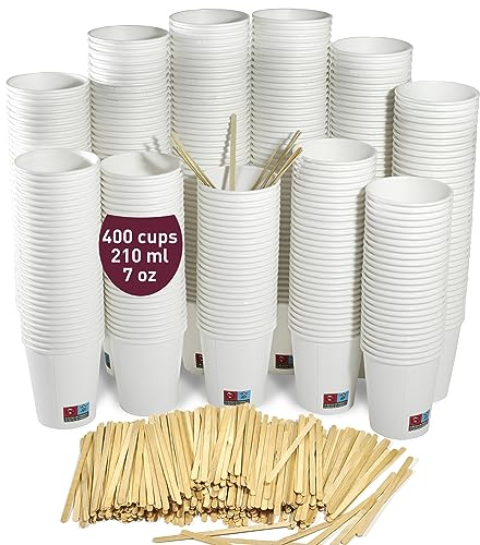 400 Gobelets en Carton Jetable de 200 ml / 7 blanc oz avec Agitateurs en Bois pour Café et Autres Boissons, verres carton jetables