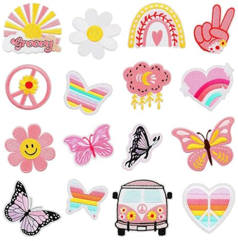 Flicken zum Aufbügeln Kind, 16 Stück Bügelflicken Jeans Bügelbilder Aufbügelflicken DIY Bestickte Patches Bügel Aufnäher Denim Außen Patch Kleidung Nähaufnäher (Rosa)