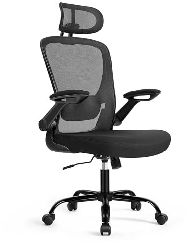 SONGMICS Bürostuhl ergonomisch, Drehstuhl mit Mesh, Lenden- und Kopfstütze, Wippfunktion, 53 cm große Sitzfläche, klappbare Armlehnen, Arbeits- und Schlafzimmer, Studenten, tintenschwarz OBN047B01