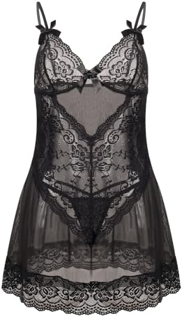 Satohom Lenceria Sexy Mujer Floral Encaje Vestido Camisones con Tanga Tentación Transparente Ropa Interior Dormir 2 Piezas Cuello V Sin Mangas Picardías Pijama Babydoll de Malla Talla Única