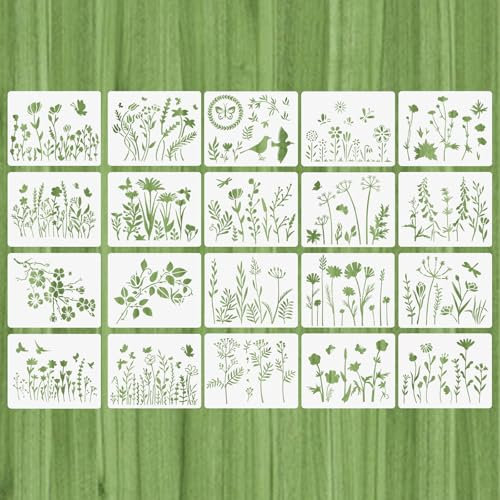 20 Stück Wildblumen Kirschblüte Schablonen Blumen Schablone Wiederverwendbar Wildblumen Schablonen zum Malen Blume Blätter Vogel Zeichnung Malschablonen Flower Painting Template Malvorlagen