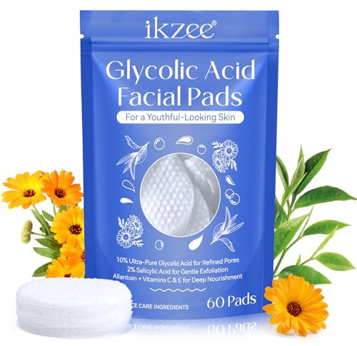 Glycolic Acid Pads,Glycolic Acid Peel Pads with 10% Ultra Pure Glycolic + 2% Salicylic Acid,Cleansing Pads for Face & Body with Vitamins B3, C & E, Green Tea, Calendula, Allantoin - 60 Pads