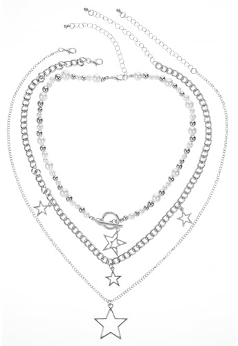 Mabor silverhalsband, Y2k silver stjärna halsband, stjärna flerskikts stapel damkedja Y2k tillbehör Emo kedja halsband vintage smycken kristallkedjor streetwear smycken för kvinnor flickor
