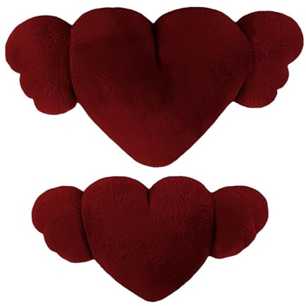 Nixiara Cuscino a forma di cuore con ali, 2 cuscini a forma di cuore in peluche con ali, dolce poggiatesta per letto, divano, poggiatesta auto a forma di cuore, 2 pezzi