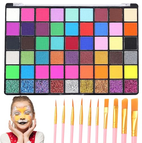 SGZIOO Gesichtsfarben Kinderschminken Set, 54 Farben Kinderschminke Set mit 11 Pinsel, Waschbar Kinder Schminken Set für Halloween-Make-up, Karneval, Theaterschminke und Bodypainting