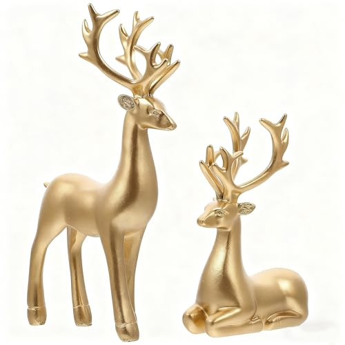 Awleynz 2pcs Christmas Reindeer Figurines, Resin Reindeer Sculpture, Gold Elk Statues Decor for Living Room Bedroom Bathroom Bookshelf Office Desktop Cabinets