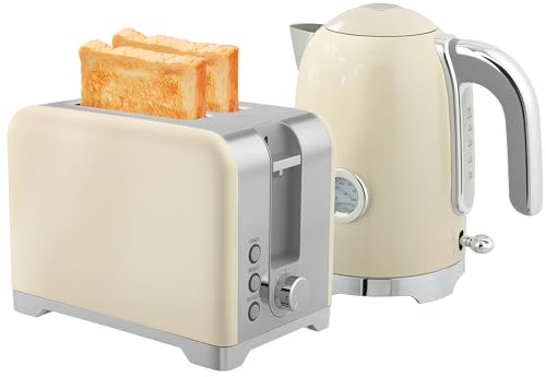 HOMCOM Wasserkocher Toaster Set, 2200 W, 1,7 L Edelstahl Wasserkocher 2 Scheiben Toaster mit Otter-Thermostat, Kalkfilter, Frühstückset mit 7 Bräunungsstufen, Krümelfach, Cremeweiß