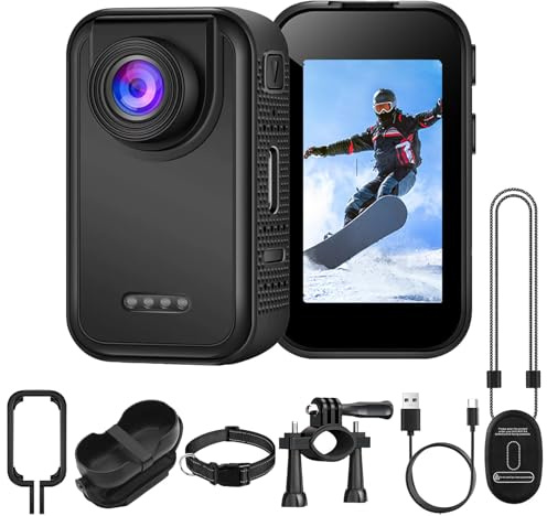 OBEST Mini Camara Acción Cámara Deportiva Casco Moto con Pantalla 1.47, Bodycam Camaras Corporal Magnética, 1080P Camera Vlog POV Vídeo para Ciclismo Viajar Mascotas, Accesory Multiuso, Negro
