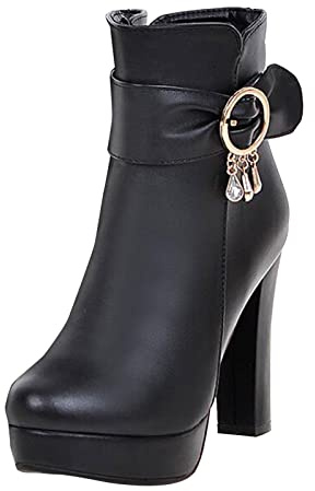 Stivaletti da donna, con tacco alto, con tacco alto e plateau e tacco a blocco, eleganti alla caviglia, con chiusura laterale a strappo, invernali, stivali corti da donna, Nero , 38 EU