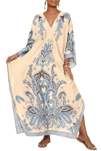 Bsubseach Kaftan-klänning för kvinnor plus storlek baddräkt tryck kaftan strand cover up klänning, Aprikos – 1, one size