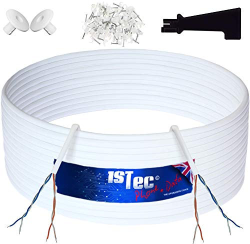 1STec 20m Genuine BT CW1308 6 Core 3 Twisted Pair Telephone Master or extension Socket FTTC Broadband Extension Wire with 2 Grommets IDC Insertion Tool 4mm Clips Printed Instructions 20 Metre White