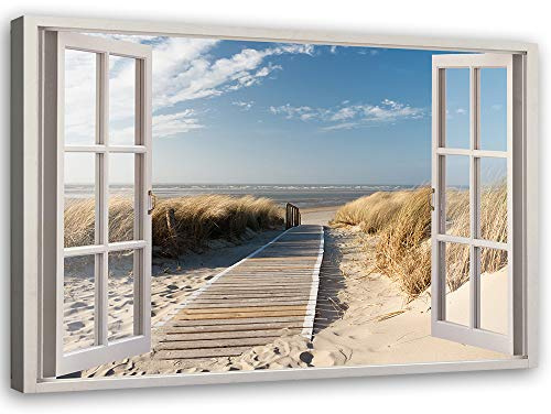 Feeby Tableau mural – Images pour chambre à coucher – Vue de fenêtre sur mer, plage et paysage – 60 x 40 cm – 1 pièce – Grand tableau de salon – Appartement – Cadeau photo – Décoration murale