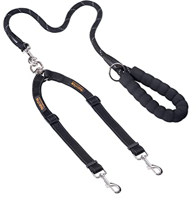 Mighty Paw Doppelte Hundeleine | Dual Two Pet Leash mit Komfortgriff und wetterfestem Kletterseilgriff | Verwicklungsfreier 360° drehbarer Haken | Verstellbarer Splitter für kleine, mittelgroße und