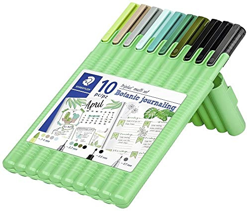 STAEDTLER triplus multi set, Botanic journaling, Verschiedene dreikantige Stifte im gemischten Set, immer das passende Schreibgerät zur Hand, Opake STAEDTLER Box in Grün mit 10 Stiften, 34 SB10BJ