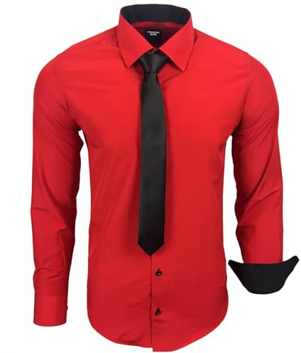 Subliminal Mode Camicia a Maniche Lunghe da Uomo + Cravatta | vestibilità Classica | Comoda e Facile da Lavare | Ideale per L'Ufficio e Le Uscite Informali RN77 Rosso L
