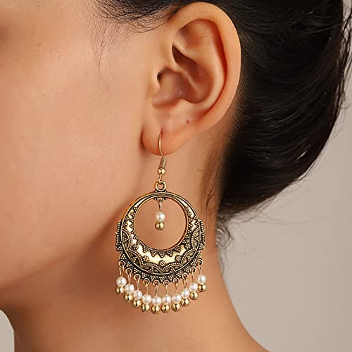 TseenYi Pendientes Gitana Vintage Perla Colgante Boho Étnica De Perlas De Gancho Borla Joyería Para Mujeres Y Niñas (oro)