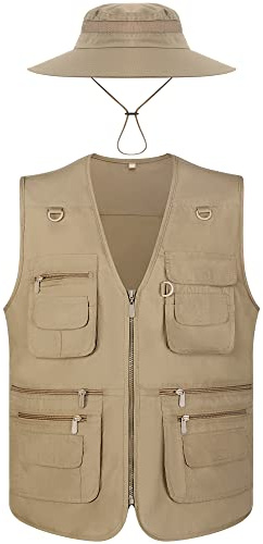 Janmercy 2 Pieces Men's Work Fishing Vest with Hat Lightweight Safari Travel Hunting Waistcoat With Multi Pockets Fishing Hat (Dark Khaki,XL)