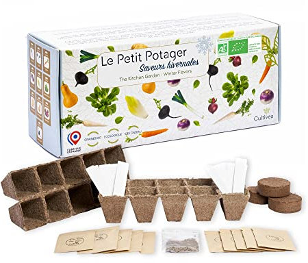 CULTIVEA® Le Kit prêt à pousser Petit Potager - Saveurs hivernales - Pots à semis - Graines bio - Jardinez et dégustez - Idée cadeau (poireaux, carottes, navet, radis, endive, betterave)