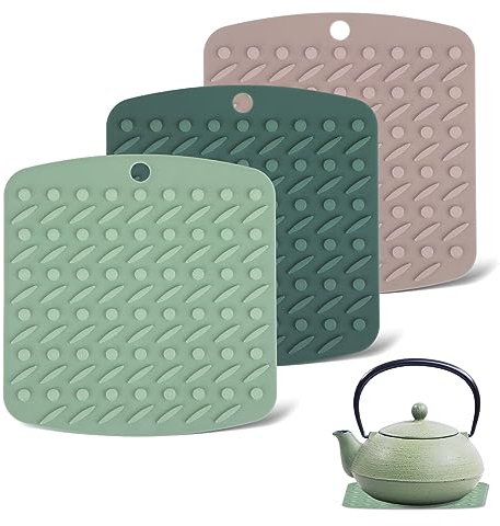 Prasacco 3 Stück Topfuntersetzer, 17,5 x 17cm Silikon Topflappen Hitzebeständig Rutschfest für Küche - Waschbares Isolierpad für Töpfe, Teekannen, Geschirr (3 Farben)