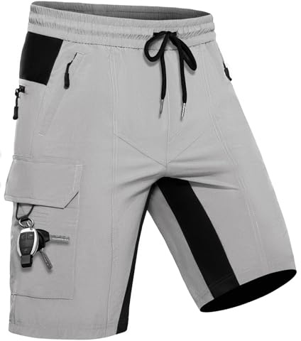 Pantaloncini Uomo Bermuda con 5 Tasche, Pantaloncino Ciclismo MTB Sportivo da Esterno Rapido Asciugamento, Biciclette Shorts Funzionale Stretch per Lavoro Escursionismo e Trekking (Grigio Bianco,L)