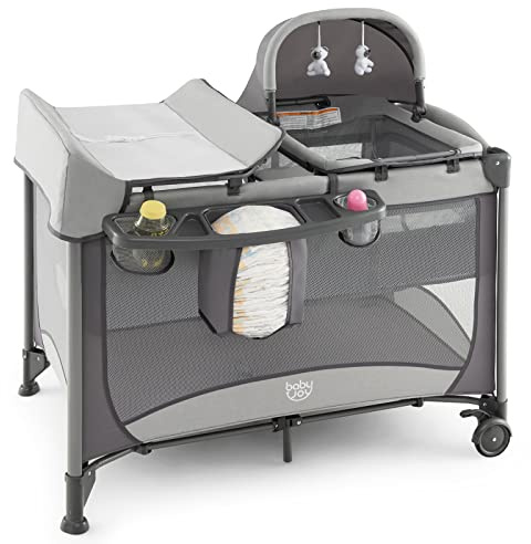 GOPLUS 5 in 1 Reisebett mit Wickelauflage Verdickte Matratze, Faltbares Babyreisebett mit Luftigen Seitenwänden Rollen Tragtasche, Babywiege mit Baldachin, Laufstall für Baby von 0-36 Monaten (Grau)