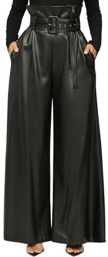 Tcremisa Black Polyurethane Belnd Pants Womens High Waisted Belted Wide Leg Trousers with Pockets
