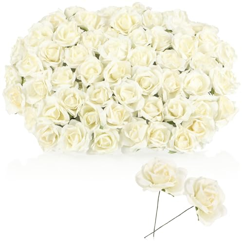 com-four® 10x Bouquetzweig - Deko Blumenzweig mit weißen Blüten - Papierrosen zum Verzieren von Kränzen und Geschenken - Deko-Blumen als Tischdekoration - Blumenbouquet für Hochzeit (10 Büdel weiß)