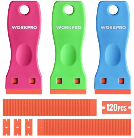 WORKPRO 3-Piece Plastic Razor Blade Scraper with 120 Pcs Plastic Razor Blades, for Gasket Remover, Labels Decal and Adhesive Remover for Windows and Glass