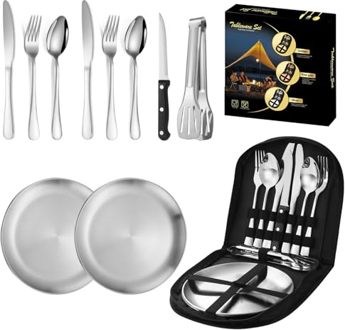 VBNZBK Camping Besteck Set, 11 Stück Geschirr Set für 2 Personen Edelstahl, Mit Löffel Gabel Messer Teller Clip, für Outdoor, Grillen, Picknick Wandern