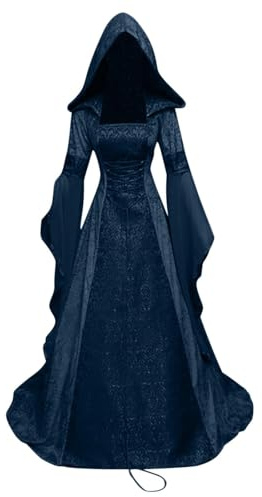Genérico Disfraz de Halloween Vestidos de Epoca Medieval Falda Larga con Capucha para Mujer Juego de Roles Disfraz de Brujas Vestidos Medievales Caseros Uniforme de Corte Retro (Blue, L)