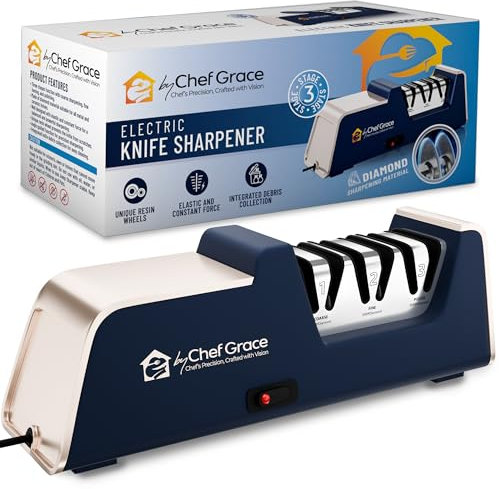 Three Stage Diamond Electric Knife Sharpener with 100% Diamond Abrasives. 15° Precision Angle Guides with 350 Grit, 600 Grit and 1000 grit for a Professional Sharpening and polishing.
