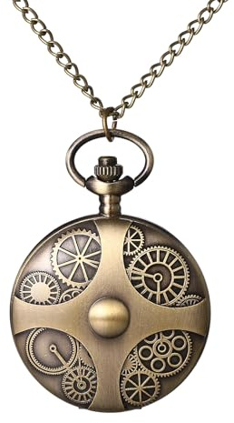 JewelryWe Montre Gousset Homme Vintage: Montre de Poche à Quartz Rétro avec Décor de Engrenages Index Chiffres Arabes Collier Montre Pendentif Fantaisie - Cadeau Anniversaire Fête des Pères