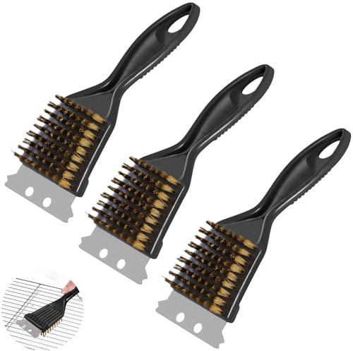 QUNXON Grillbürste, 3 Stück BBQ Messingbürste, 2IN1 Grillbürste Messing mit Messingborsten und Edelstahlschaber, PP Griff Messingbürste Grill für Gasgrill, Holzkohlegrill, Elektrogrill und Grillrost