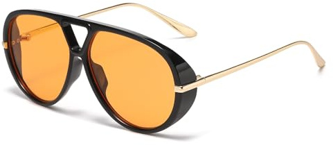 LJCZKA Lunettes de Soleil Pilote Rétro pour Femmes Hommes, Lunettes de Soleil Double Pont Années 70 Grande Cadre Métallique Protection UV400 (Noir Orange)
