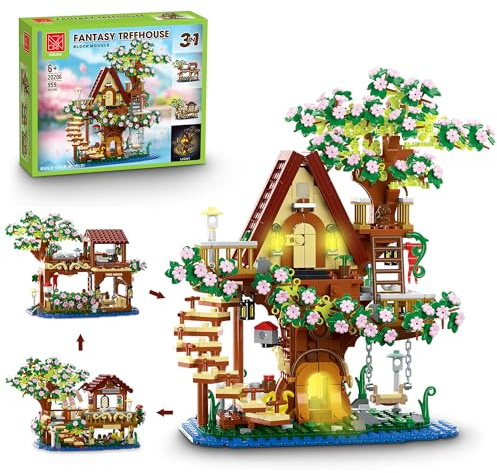 VLites Sakura Baumhaus Bausteine Bausatz, 3in1 Bauklötze Kit mit LED Klemmbausteine, Haus Modular Architektur Kirschblüten Spielzeug Lichter Baukasten, Geschenk für Kinder Erwachsene(959 Teile)