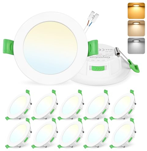 GeyouLux Pack 10 Downlight LED Techo Empotrable, 7W IP44 Ultrafino Spot Encastrable Corte 65-75mm, 2700K/4000K/6500K Focos LED Interior Techo, Blanco Regulable 10-100% Ojos de Buey LED