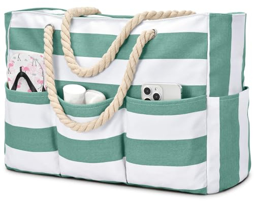 Becokan Beach Bags for Women Canvas Large Beach Tote Bag Zipper Waterproof Sandproof Foldable Swim Pool Bag with 7 Pockets