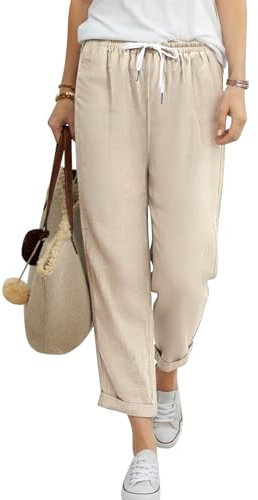 CMTOP Pantalones Mujer Verano Cintura Elástico Casual Pantalones Ligero Algodón 7/8 Pantalon Anchos Suelto Cómodos Flojo Playa Pantalón Pirata con Bolsillos (Caqui, M)