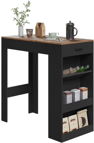 WOLTU Tavolo da Bar, Bancone da Bar con 1 Cassetto e 3 Ripiani, Tavolo Penisola per Cucina, Pub, Bistrot, Legno Ingegnerizzato (Con assi di legno, Rustico + Nero, 100 x 50 x100 cm)