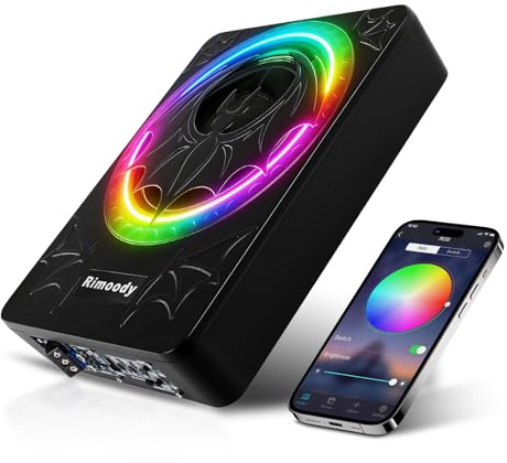 Rimoody Subwoofer Attivo a Progetto Piatto da 10 Pollici per Auto - 1200W Potenza Max, Bass Boost, Protezione Termica, Kit Montaggio Sotto Sedile LED Luci multiple
