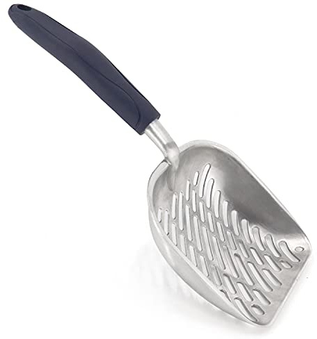 QIYADIN Non-Stick Metal Cat Litter Scoop with Long Handle, Solid Aluminum Alloy Deep Shovel, Kitten Pooper Lifter Scoop with Hole, Durable Kitty Litter Box Scooper Poop Sifter (Dark)